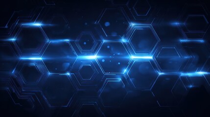 Abstract dark blue background with glowing neon hexagonal grid patterns
