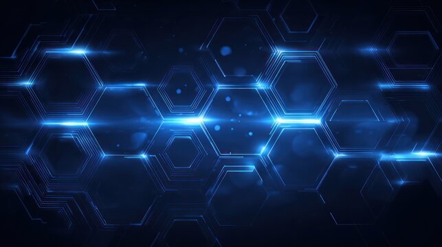 Abstract dark blue background with glowing neon hexagonal grid patterns