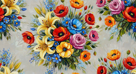 Artistic Oil Painting Style Floral Arrangement with Lily, Poppy, Rose Flower