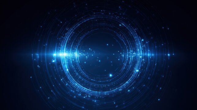 Abstract blue digital concentric circles with bright light flares background