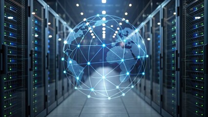 A digital globe is overlaid in a server room, symbolizing global connectivity and data flow within modern data centers.