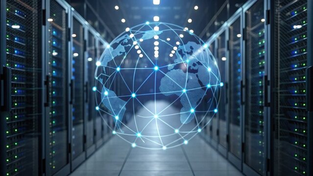 A digital globe is overlaid in a server room, symbolizing global connectivity and data flow within modern data centers.