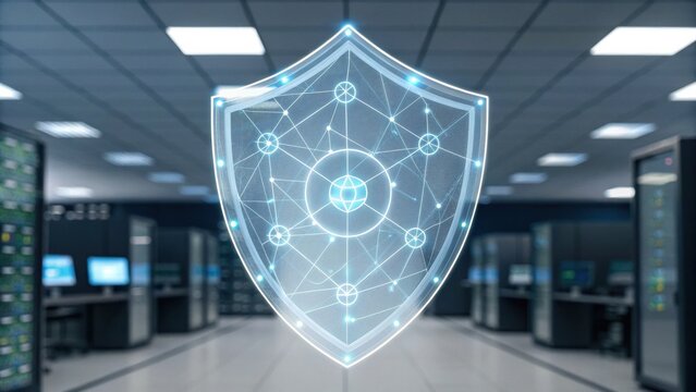 A digital shield symbolizing cybersecurity, set against a backdrop of server racks in a modern data center.