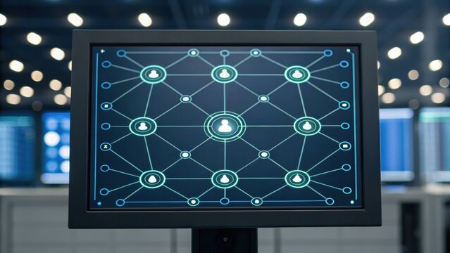 A digital display shows a network diagram with connected nodes, illustrating data flow and interactions, set against a blurred background of technology. - Powered by Adobe