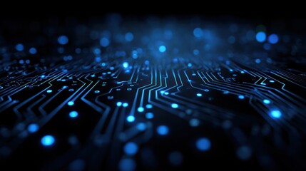 Glowing blue circuit board traces against a dark background with bokeh.