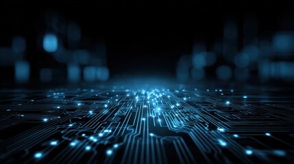 Glowing blue circuit board pathways receding into dark background bokeh.
