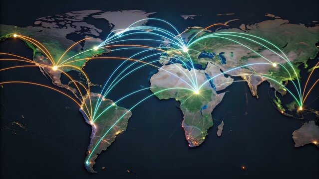A digital map displaying global connections with colorful lines representing data pathways and routes between continents.
