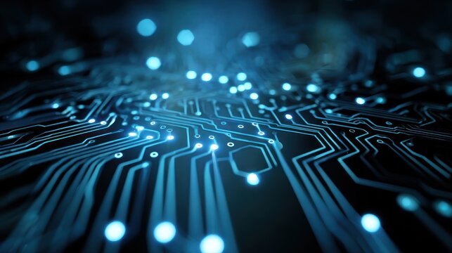 Glowing blue circuit board traces with bright bokeh lights in darkness.