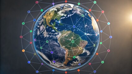 A digital illustration of Earth surrounded by a network of colorful nodes, symbolizing global connectivity and technology.