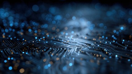 Abstract glowing circuit board with blue and gold bokeh lights.