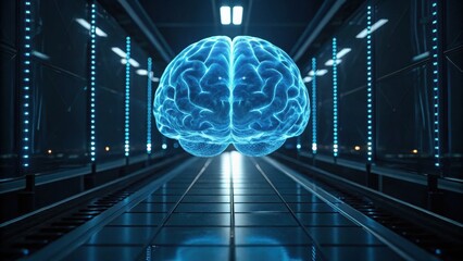 A futuristic, glowing brain is centered in a sleek corridor, illuminated by blue lights, symbolizing advanced technology and intelligence.