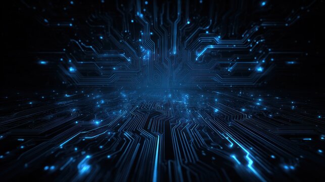 Abstract glowing blue circuit board lines receding into dark background.