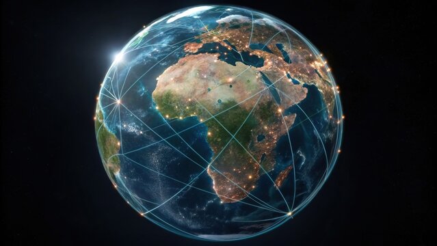 A visual representation of Earth showcasing connectivity through illuminated network lines over continents, emphasizing global communication and technology.