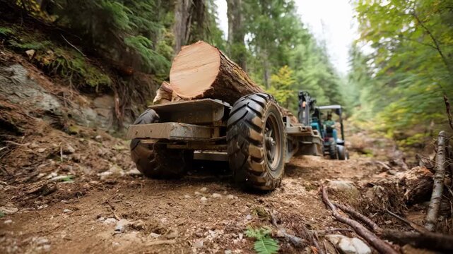 Closeup medium shot of a wheeled portable sawmill navigating uneven terrain while processing logs at a remote woodlot.