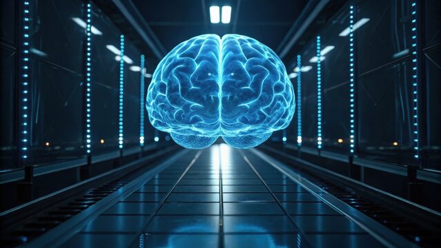 A futuristic, glowing brain is centered in a sleek corridor, illuminated by blue lights, symbolizing advanced technology and intelligence.