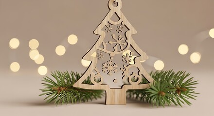 Wooden Christmas tree ornament with pine branches and blurred bokeh lights
