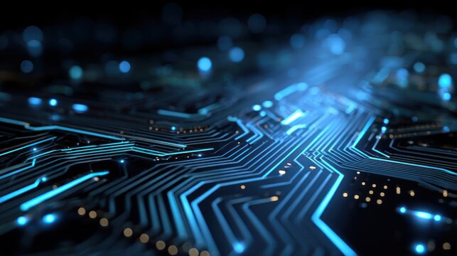 Glowing blue circuit board traces against a dark background with bokeh. - Powered by Adobe