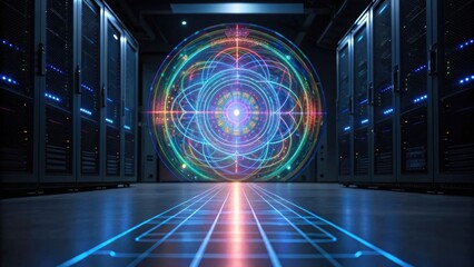 A futuristic server room with glowing patterns and a colorful energy sphere, symbolizing technology and innovation.