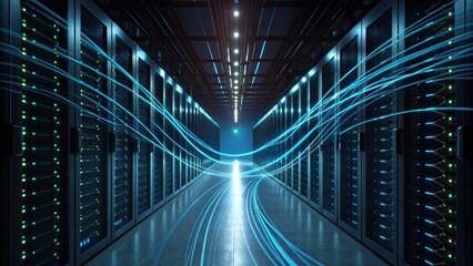 A futuristic data center featuring rows of servers with glowing lights and flowing blue data streams.
