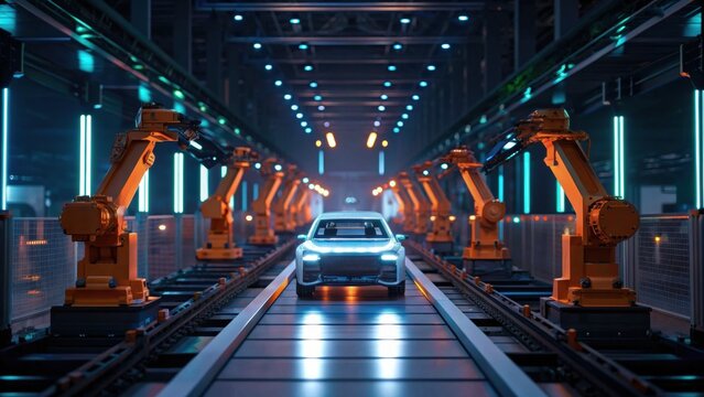 A futuristic car on an assembly line surrounded by robotic arms and illuminated by blue lights in a high-tech manufacturing facility.