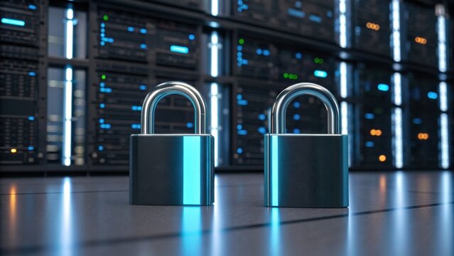 Two shiny padlocks sit in front of a server rack, symbolizing security and protection in a digital environment.