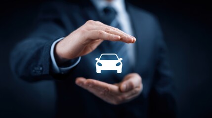 Businessman hands protect glowing car icon over dark background