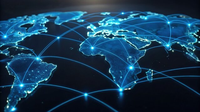 A digital illustration of a global map with illuminated connections, representing worldwide communication and data networks.
