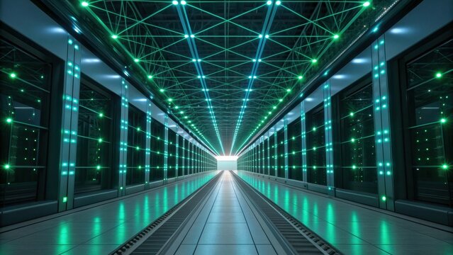 A futuristic corridor illuminated with green lights, featuring a geometric pattern on the ceiling, creating a high-tech, sci-fi atmosphere. - Powered by Adobe