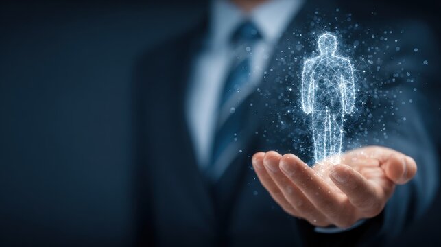 Businessman holds glowing digital human figure above open palm.