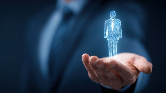 Businessman holds glowing digital human figure above open palm. - Powered by Adobe