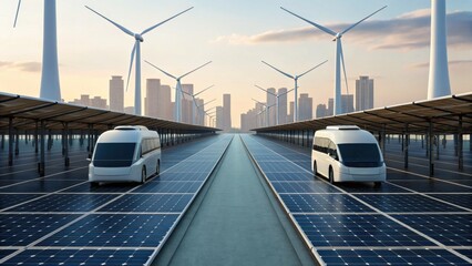 A futuristic landscape featuring solar panels and wind turbines with electric buses traversing a clean, sustainable urban environment.