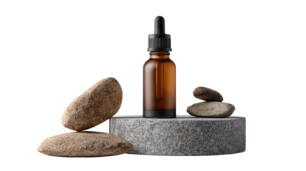 Spa Therapy Serum: An amber glass serum bottle, elegantly presented amidst carefully balanced stones, radiates tranquility and wellness. A symbol of natural skincare and relaxation