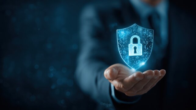 Businessman holds glowing digital shield with padlock icon over hand.