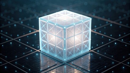 A glowing, geometric cube sits on a grid of illuminated tiles, creating a futuristic and digital aesthetic.