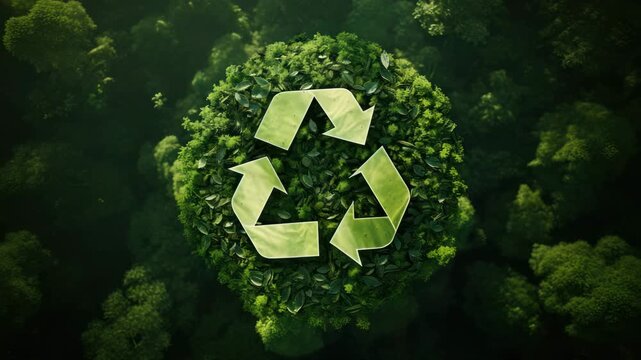 Eco-friendly recycling symbol over lush green forest highlighting sustainability and environmental awareness