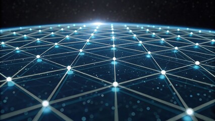 A digital network design depicting a grid of interconnected nodes and lines, representing technology and connectivity in a futuristic space.