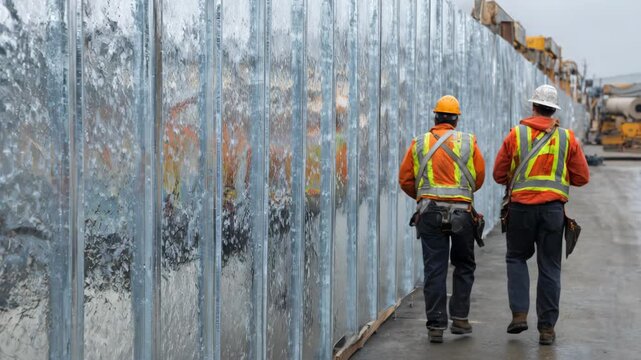 Technicians fitting galvanized metal panels as a perimeter barrier around an industrial facility emphasizing durability and protection.