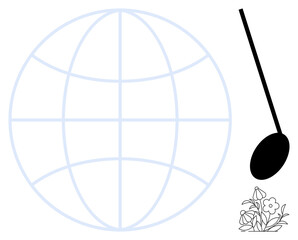 Globe outline next to a spoon above flowers, symbolizing global cuisine, ecological balance, sustainability, and cooperation. Ideal for culinary creativity, cultural exchange metaphors