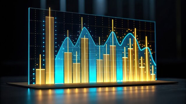 A vibrant, 3D visualization of data with bar graphs and line charts, showcasing trends and statistics in a modern design.