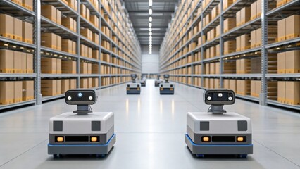 A modern warehouse featuring robotic assistants navigating between rows of shelves filled with boxes.