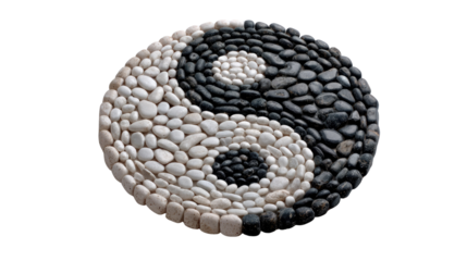 Yin and Yang Symbol: The intricate Yin and Yang symbol, beautifully constructed with contrasting black and white stones, exemplifies the fundamental balance and harmony of opposing forces.