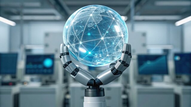 A robotic hand holds a glowing globe, symbolizing advanced technology and interconnectedness in a modern workspace filled with digital screens. - Powered by Adobe