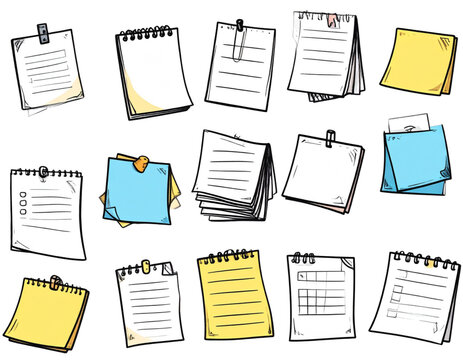 A set of hand drawn notepads and sticky notes in different colors and styles, including lined, blank, and checklist designs, ideal for organizing tasks or creative planning.