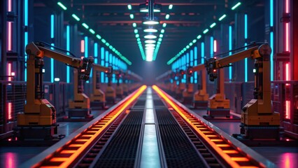 A futuristic industrial setting showcasing robotic arms in a dimly lit environment with vibrant neon lighting along a production line.