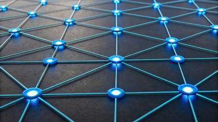 A network of blue-lit dots and lines creates a futuristic geometric pattern on a dark background.