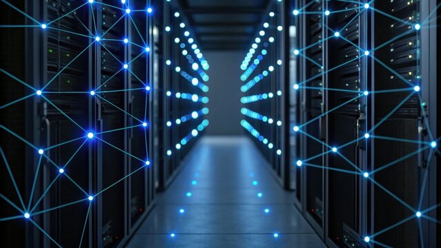 A futuristic server room with illuminated lines depicting network connections, showcasing data storage technology and connectivity.