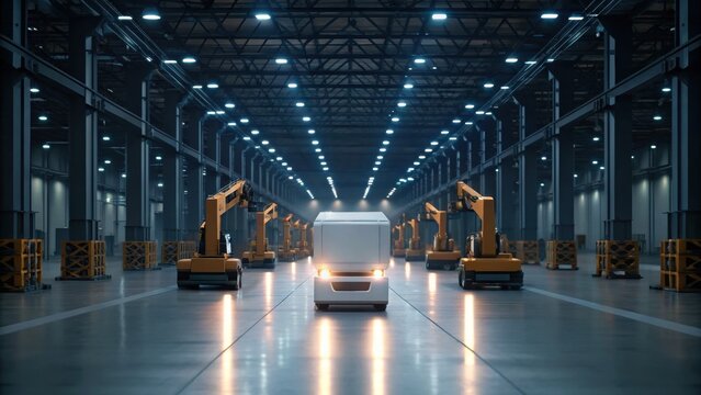 A futuristic warehouse scene featuring automated vehicles and robotic arms, showcasing advanced technology in logistics and manufacturing.