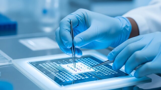 Genetic Code Analysis: A scientist wearing protective gloves carefully manipulates a gene sequencing chip with tweezers in a high-tech laboratory setting.