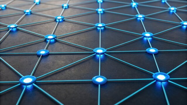 A network of blue-lit dots and lines creates a futuristic geometric pattern on a dark background. - Powered by Adobe