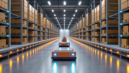 A high-tech warehouse featuring automated robots transporting boxes along illuminated aisles, emphasizing efficiency and innovation in logistics.
